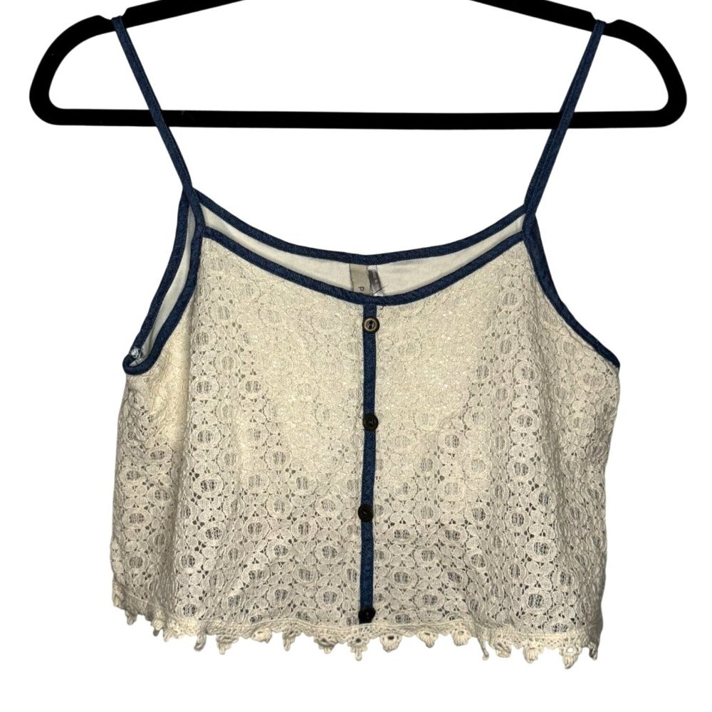 Paper Crane Lace Small Cropped Tank Top Button Front Denim Trim Boho Summer